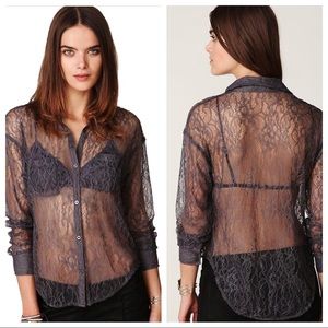 Free People Charcoal Lace Button Down Top Shirt L